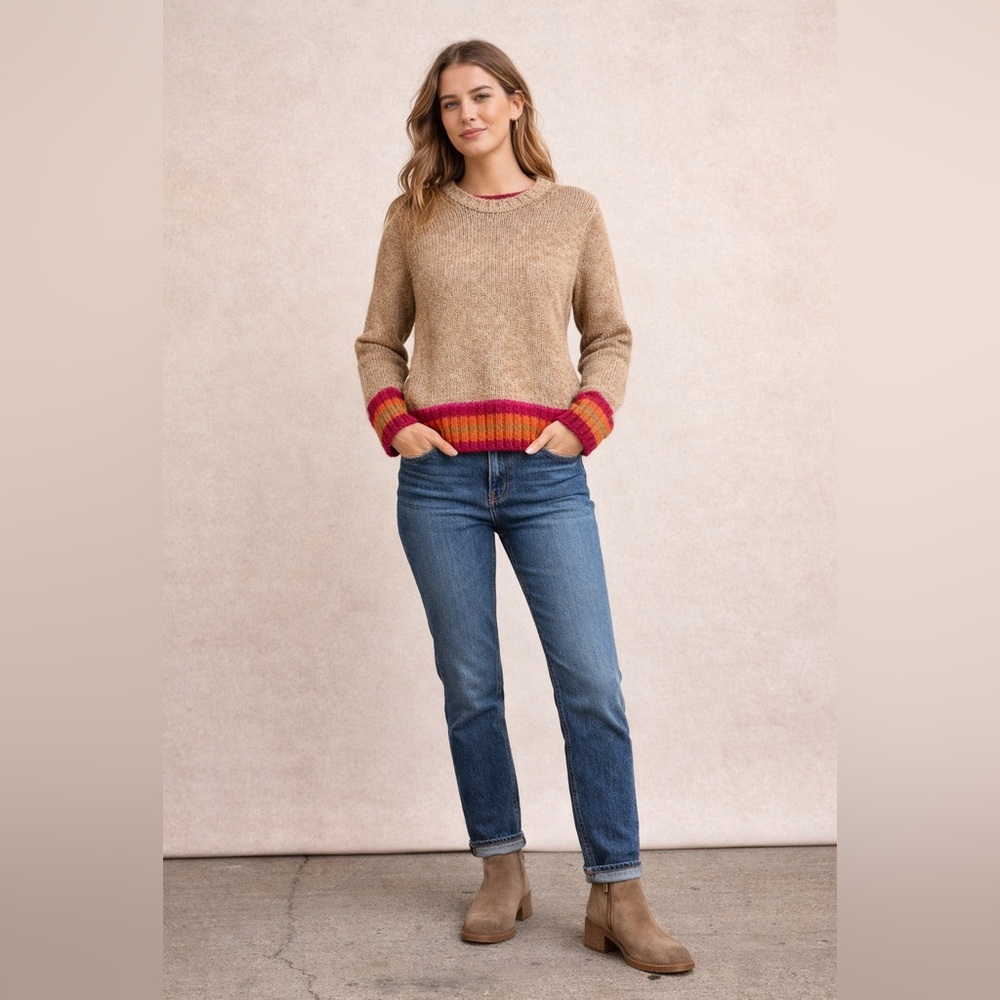 GAP Chunky Knit Sweater Striped Hem Alpaca Wool Blend Camel & Pink Size Large